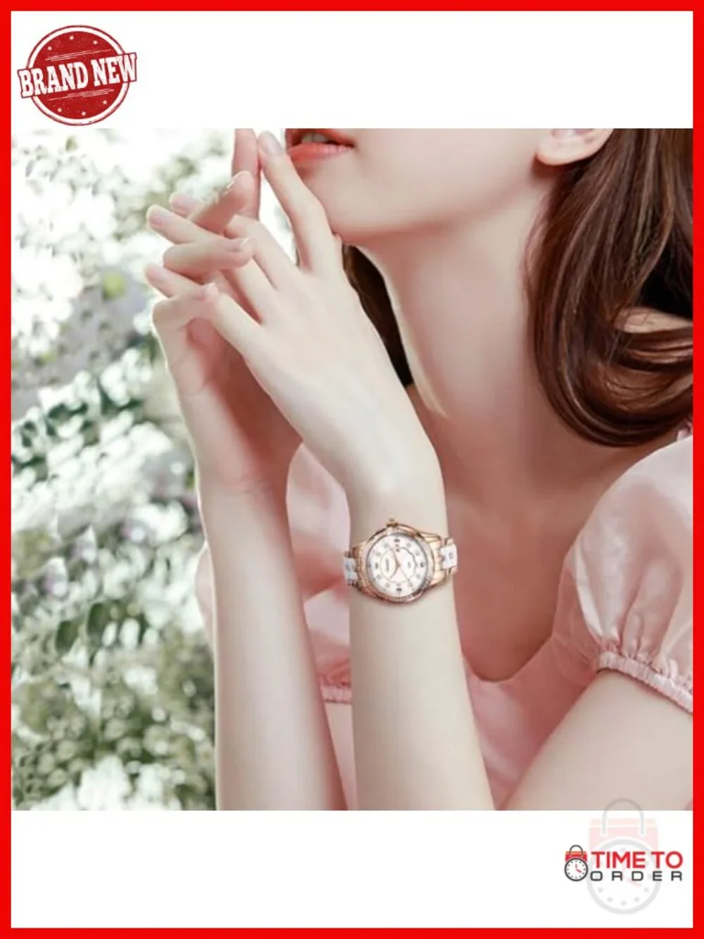 Luxury Ceramic Watch Diamond Rose Gold Dial Quartz Dress Watch Water Resistant